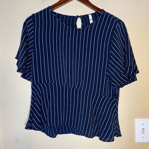 Zara Navy Blue and White Striped Short Sleeve Blouse